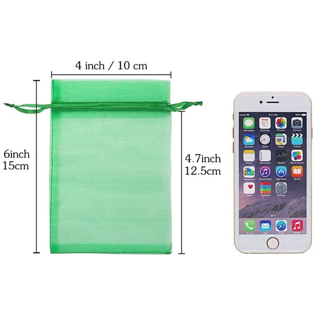 HRX Package 100pcs Organza Drawstring Bags Green, 4 x 6 inch Candy Mesh Gift Bags Jewelry Pouches Small Christmas Sachet