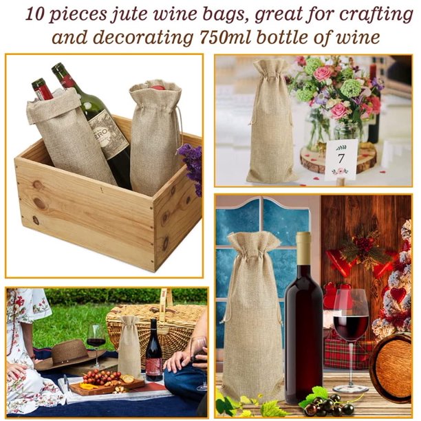 Clearance! 10pcs Jute Wine Bags, 14 x 6 1/4 inches Hessian Wine Bottle Gift Bags with Drawstring (Brown)